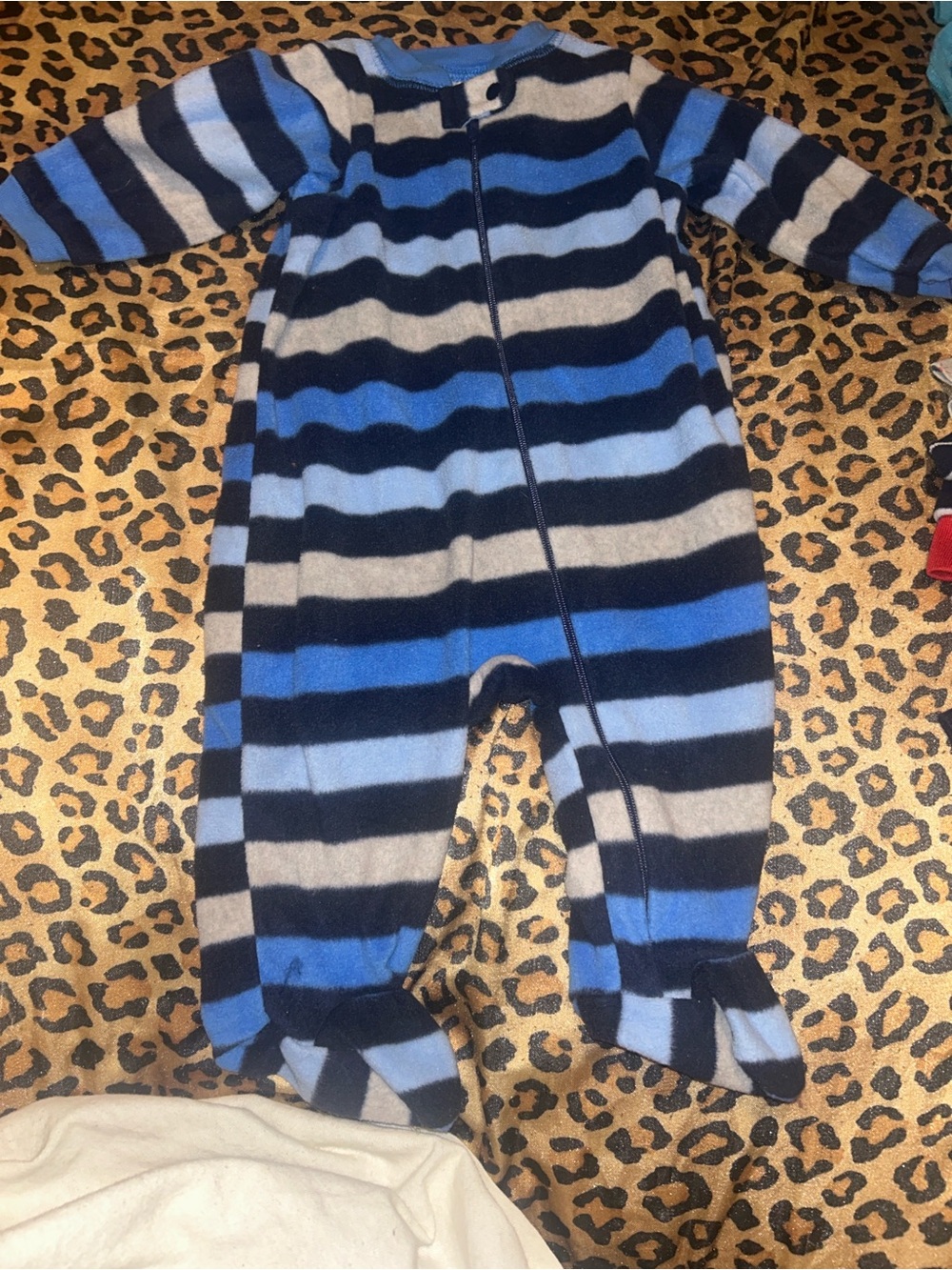 Striped Blue Fleece Baby One-Piece Footed Pajamas
